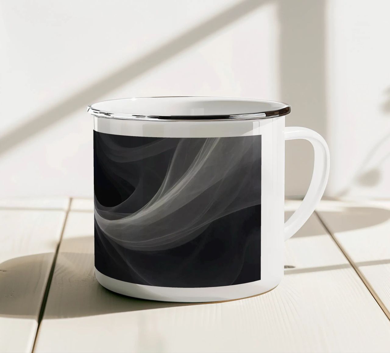 Dynamic swirls of smoke create an abstract background for mo enamel mug by DesignDoodle