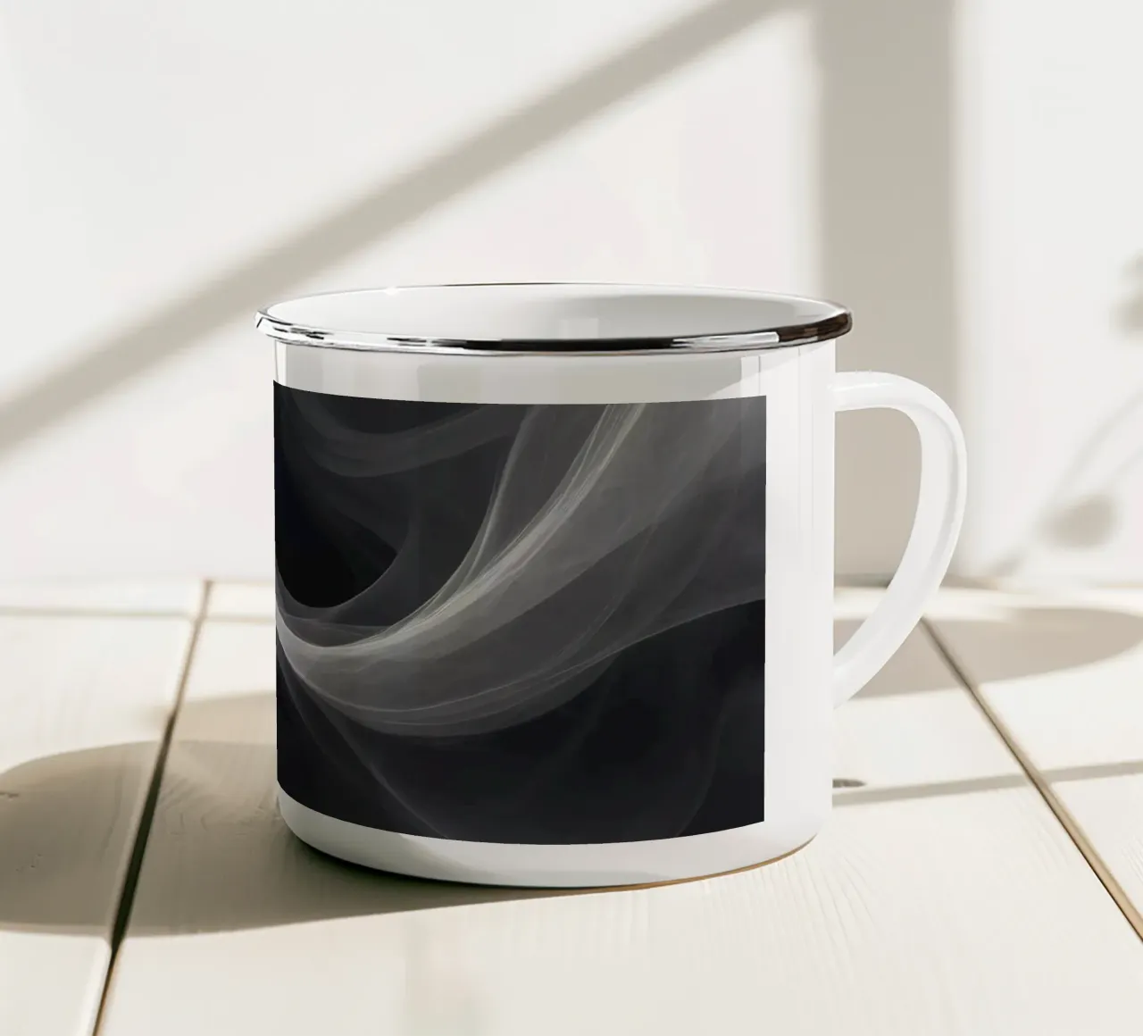 Des tourbillons de fumée dynamiques créent un arrière-plan abstrait pour le mo mug en émail de DesignDoodle