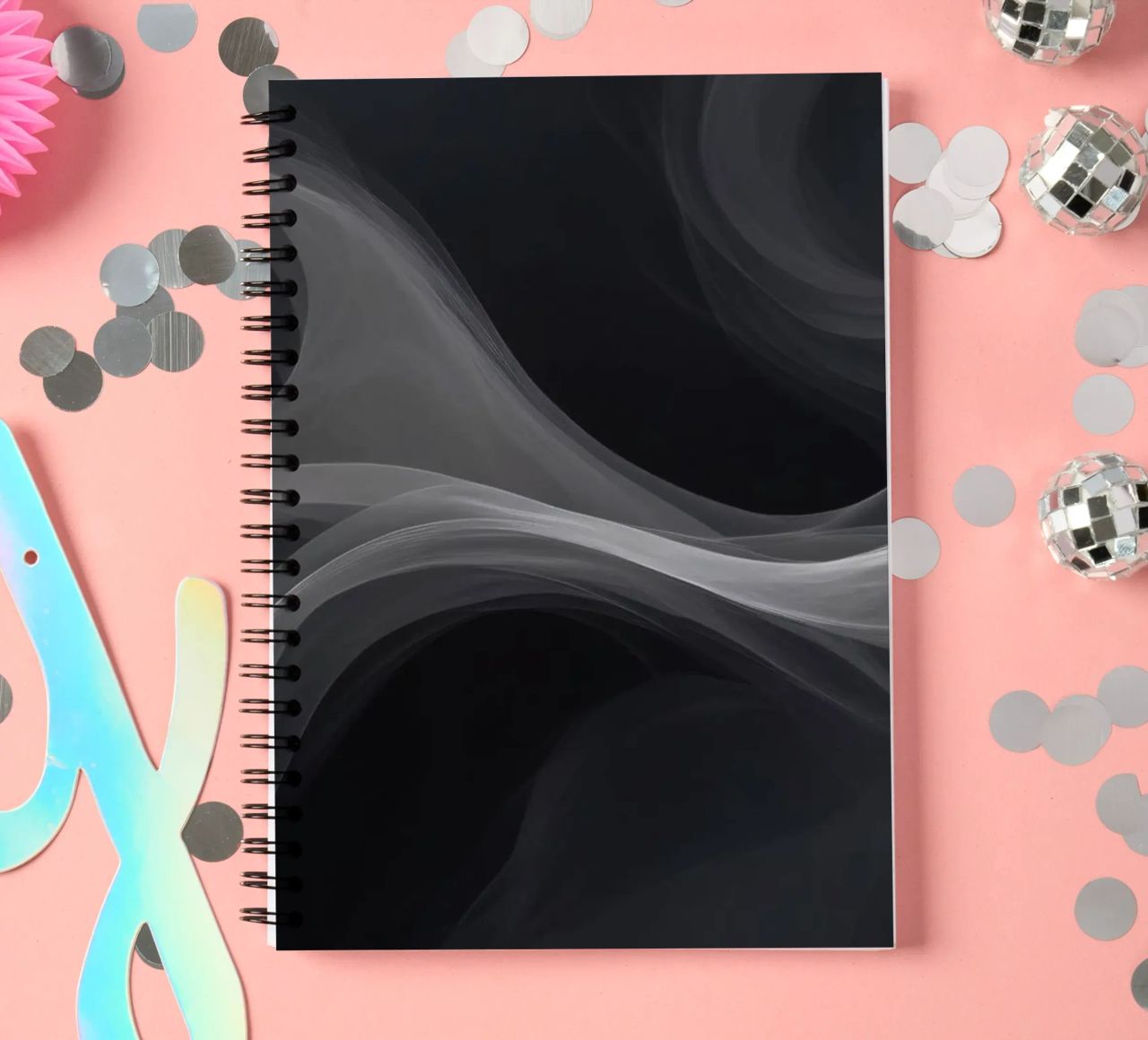Dynamic swirls of smoke create an abstract background for mo spiral notebook by DesignDoodle