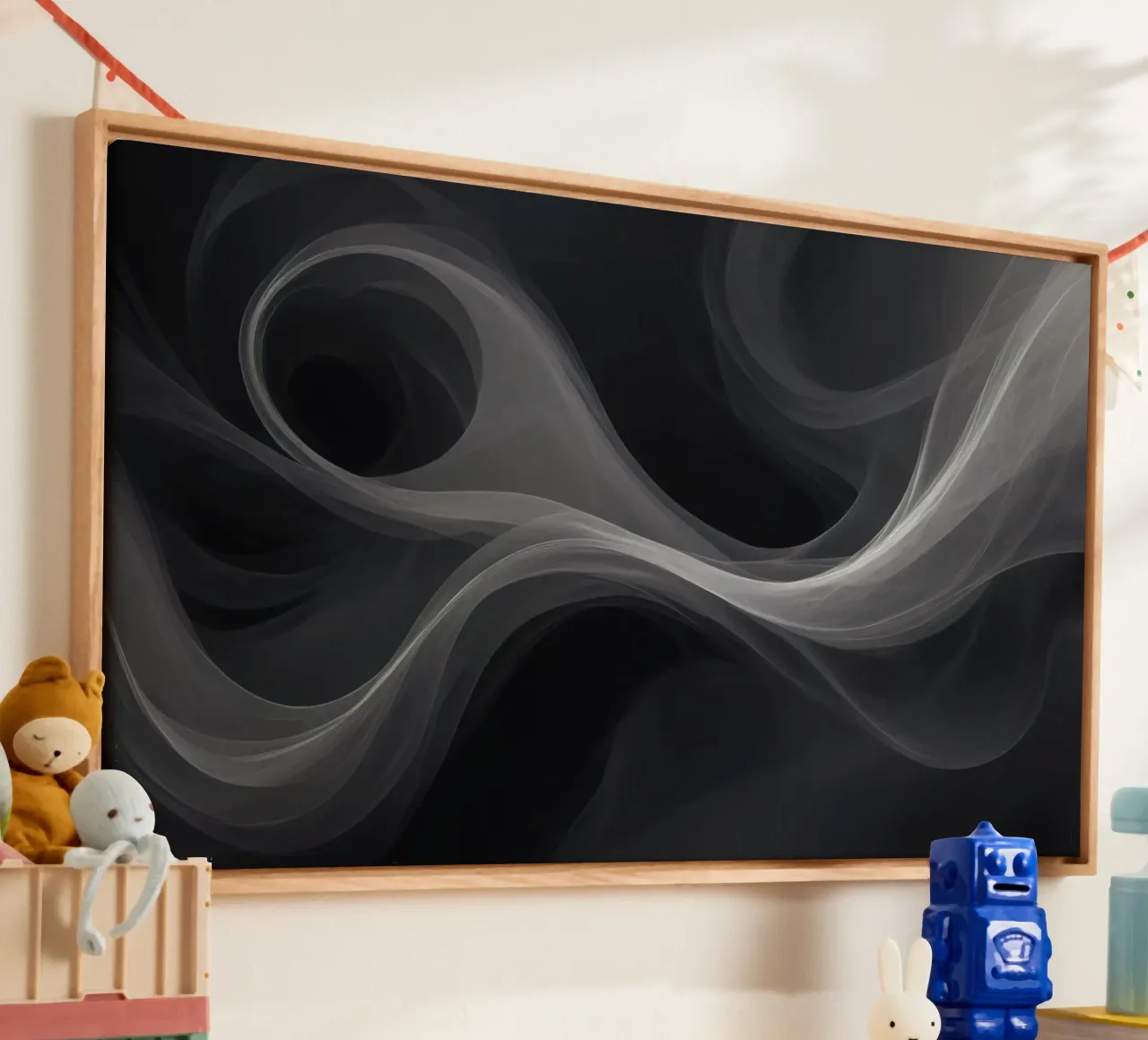 Dynamic swirls of smoke create an abstract background for mo canvas with Floater frame by DesignDoodle