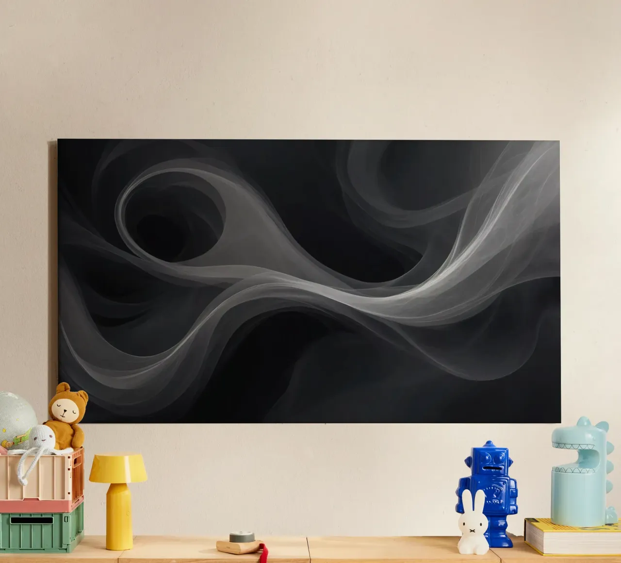 Dynamic swirls of smoke create an abstract background for mo canvas with Floater frame by DesignDoodle