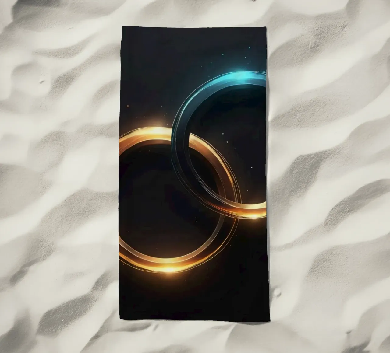 Swirling rings of light create a mesmerizing abstract art beach towel by DesignDoodle