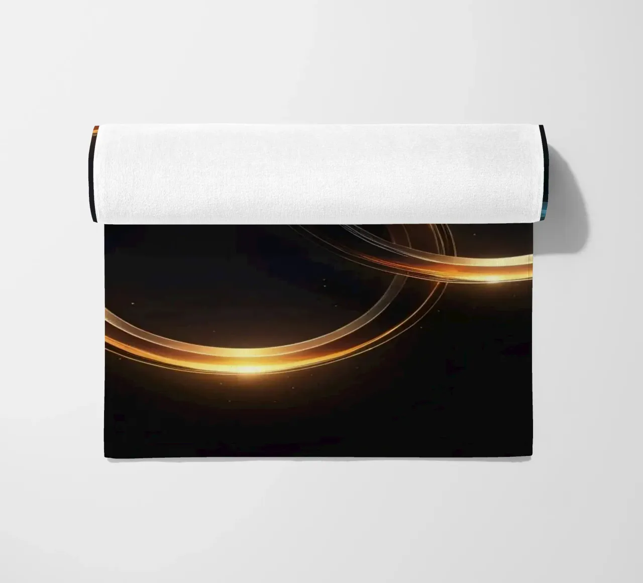 Swirling rings of light create a mesmerizing abstract art beach towel by DesignDoodle