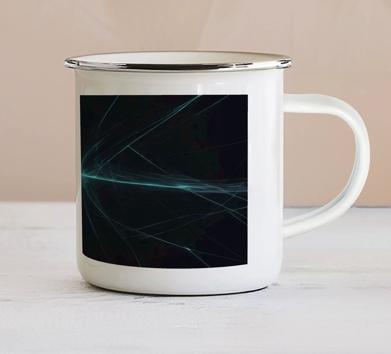 Dynamic abstract background with vibrant lines and dark art enamel mug by DesignDoodle