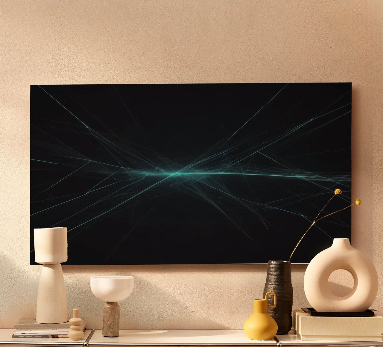 Dynamic abstract background with vibrant lines and dark art alu-dibond by DesignDoodle