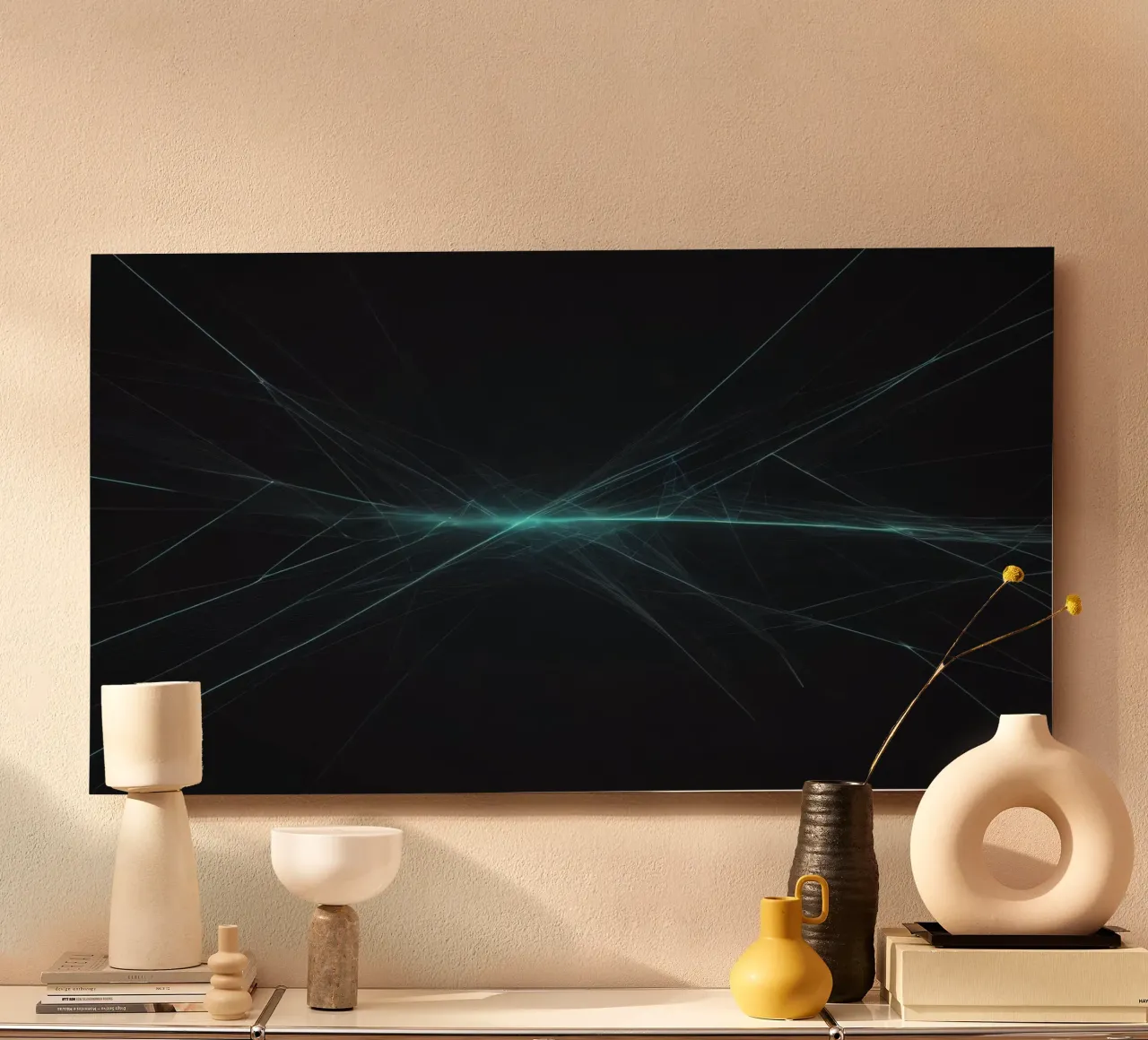 Dynamic abstract background with vibrant lines and dark art alu-dibond by DesignDoodle