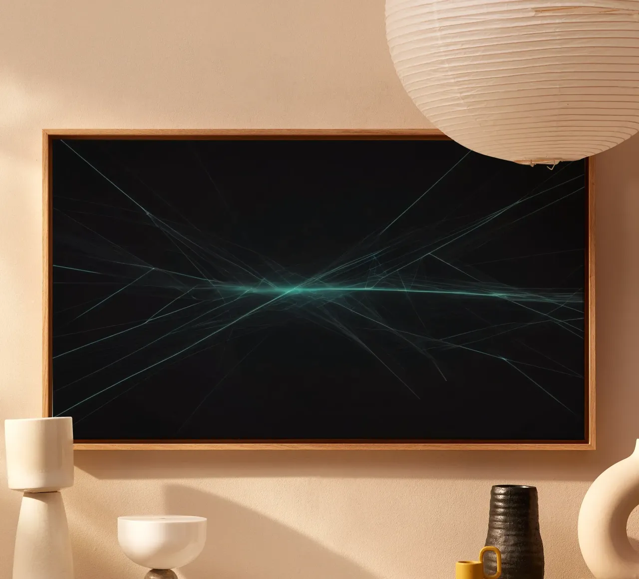 Dynamic abstract background with vibrant lines and dark art canvas with Floater frame by DesignDoodle