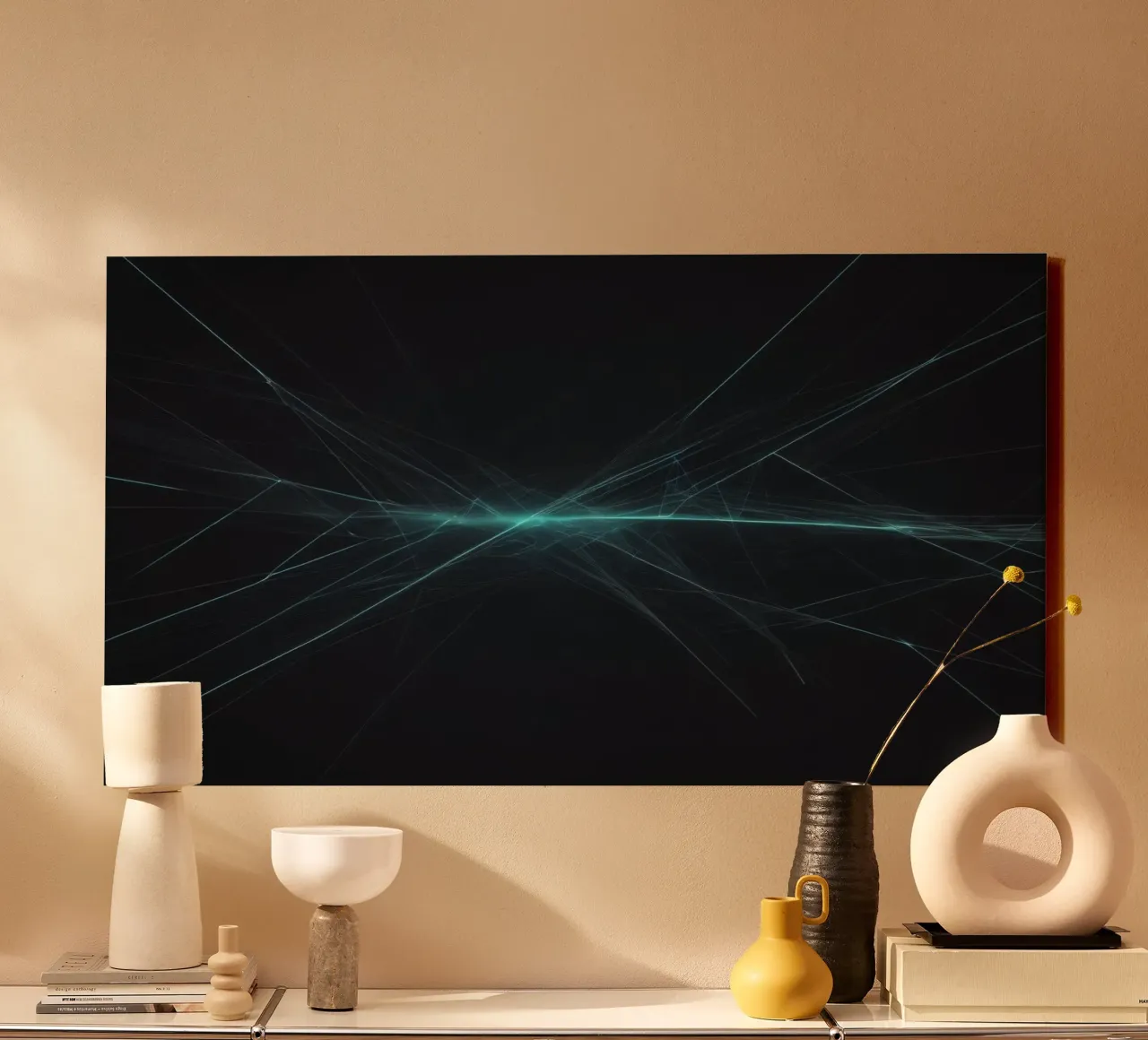 Dynamic abstract background with vibrant lines and dark art canvas with Floater frame by DesignDoodle