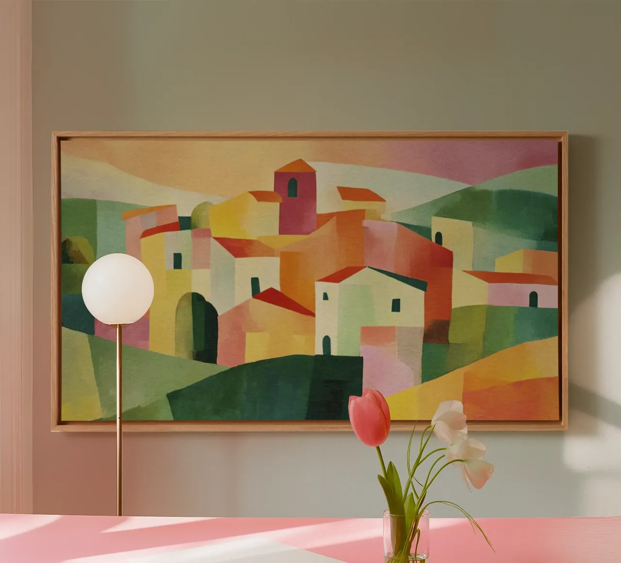 Modern abstract Toscana landschap heuvels en huizen canvas met Baklijst van Modern Muse
