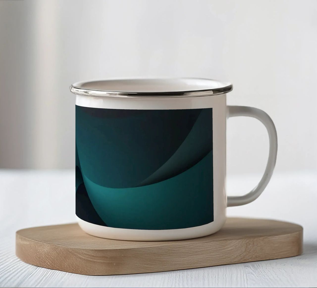 Curve morbide e fluide di tonalità verde acqua e scure creano un'atmosfera elegante. tazza in smalto da DesignDoodle