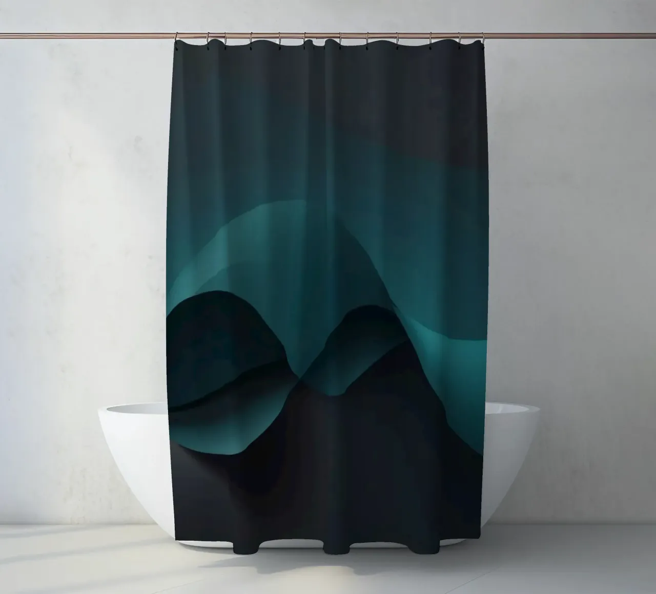 Sanft fließende Kurven in Teal und dunklen Tönen schaffen einen eleganten Duschvorhang von DesignDoodle