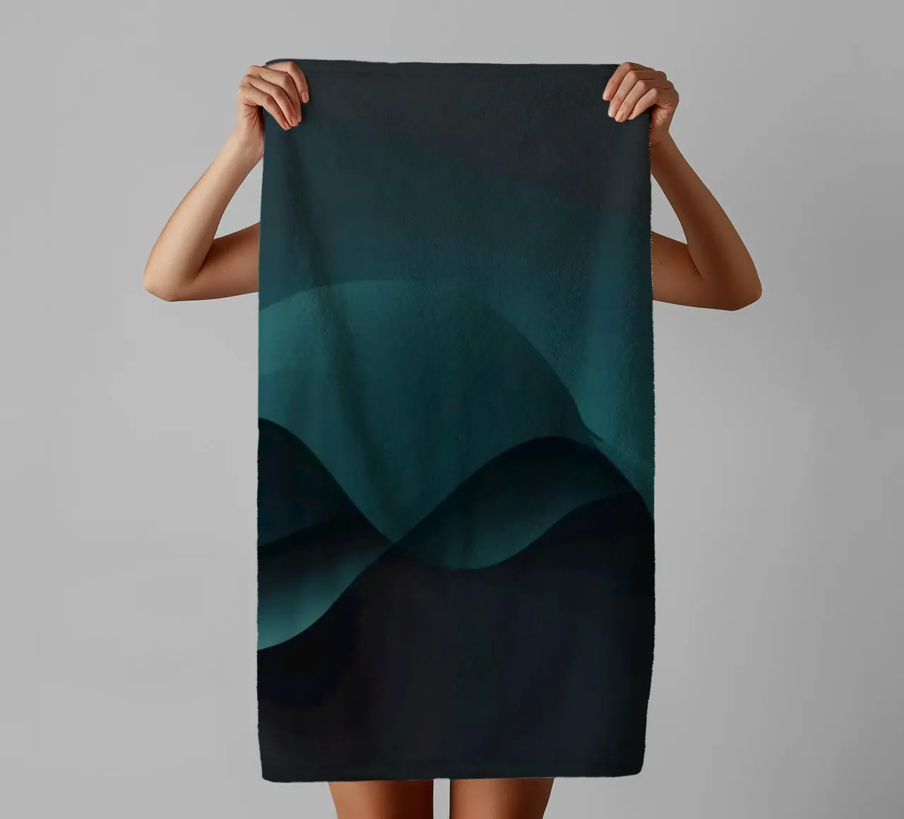 Smooth flowing curves of teal and dark shades create an eleg towel by DesignDoodle