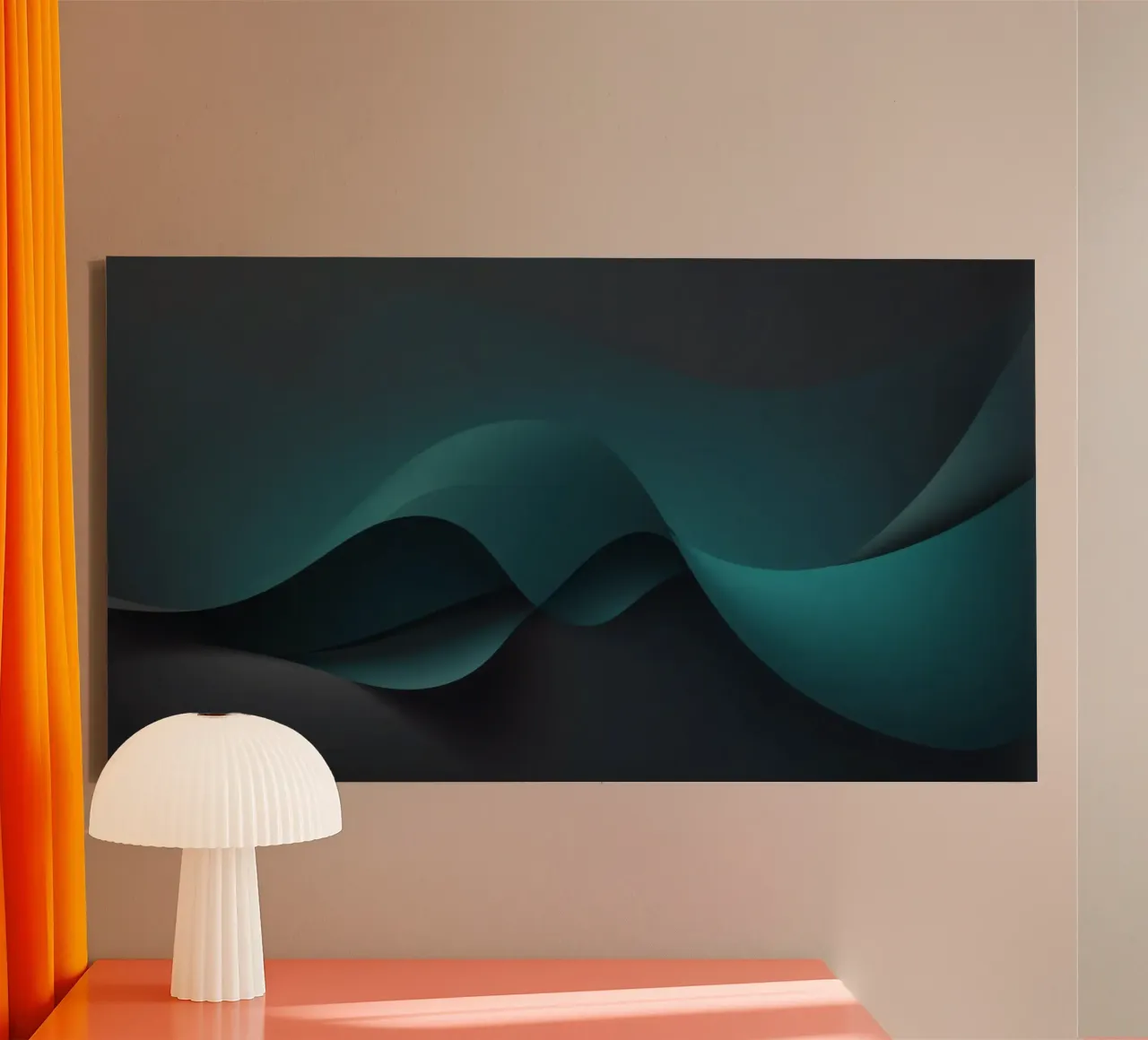 Sanft fließende Kurven in Teal und dunklen Tönen schaffen einen eleganten Leinwand von DesignDoodle