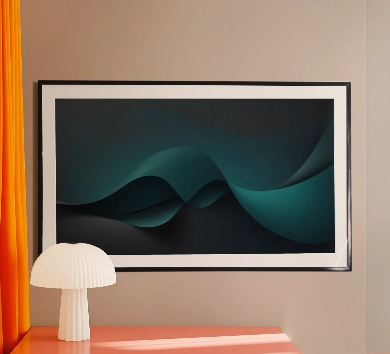 Curve morbide e fluide di tonalità verde acqua e scure creano un'atmosfera elegante. poster con telaio in plastica da DesignDoodle