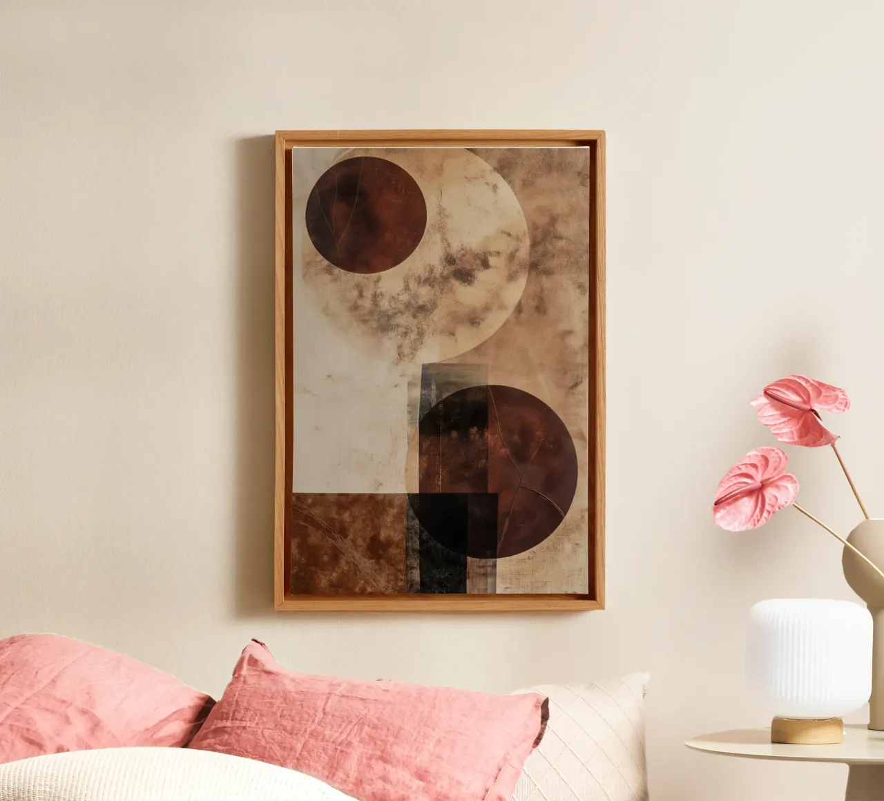 Abstracte cirkels in bruine kleuren canvas met Baklijst van Imagine