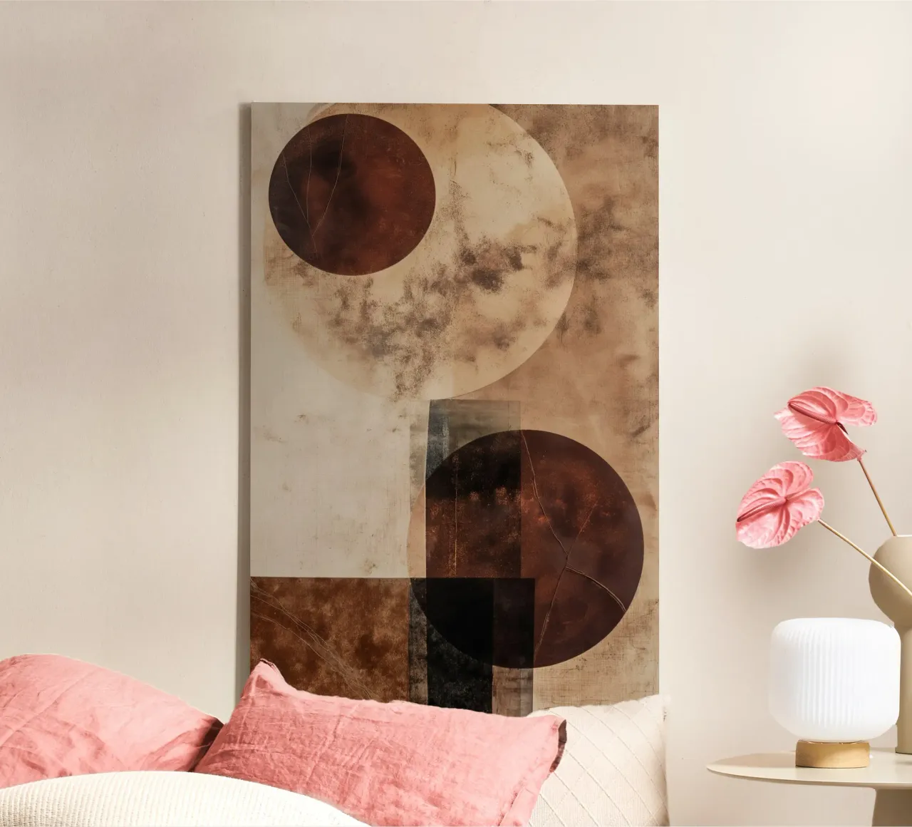 Abstracte cirkels in bruine kleuren canvas met Baklijst van Imagine