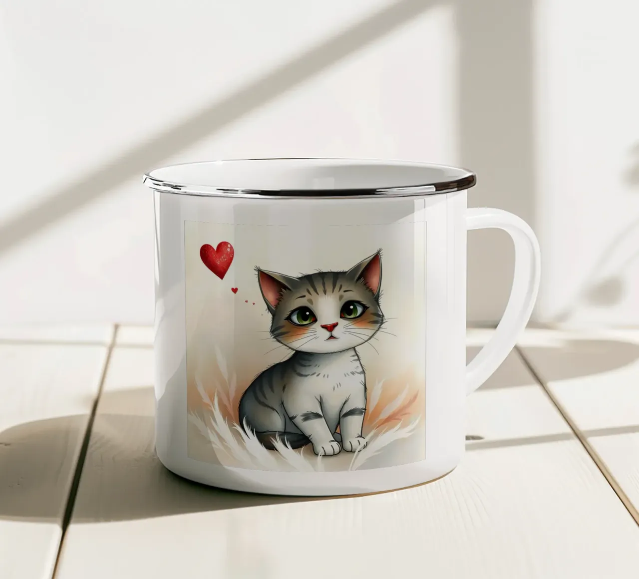 Un gattino con il cuore tazza in smalto da Anita's Dream