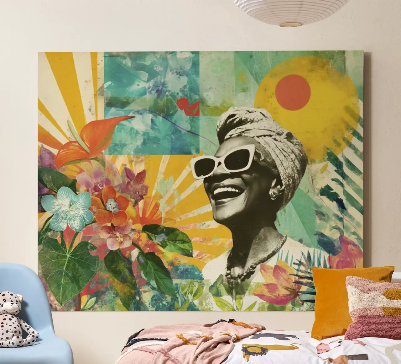 Radiant Retro Vibes Black Diva Collage canvas with Floater frame by Modern Muse