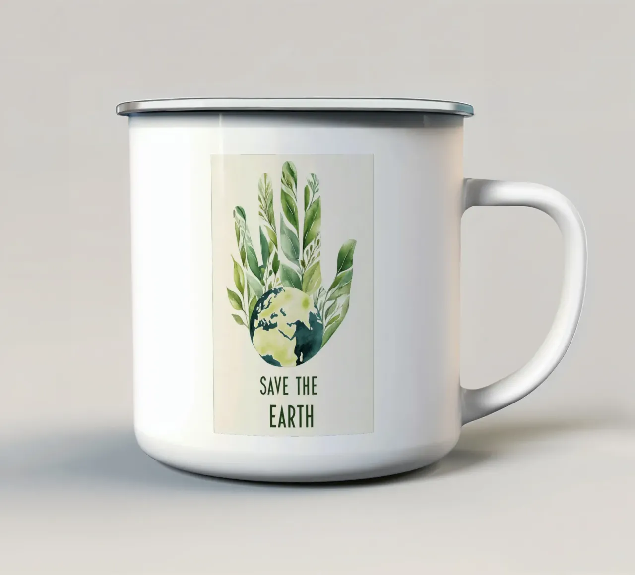 Mano acquerellata e terra con foglie Poster di sensibilizzazione ecologica tazza in smalto da Modern Muse