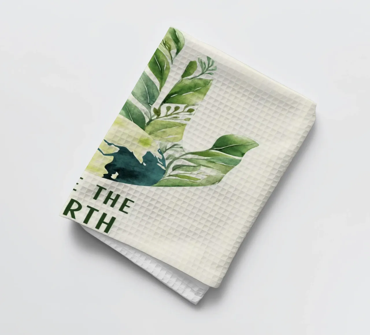 Watercolor Hand and Earth with Leaves Eco Awareness Poster tea towel by Modern Muse