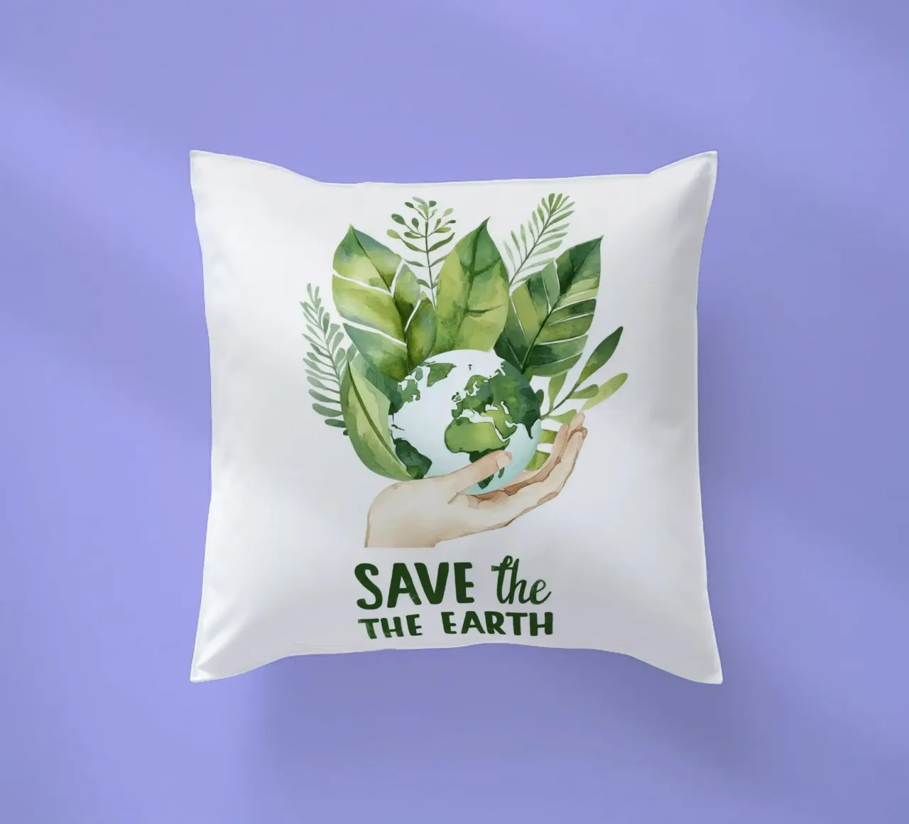 Mano acquerellata e terra con foglie Poster di sensibilizzazione ecologica cuscino da Modern Muse