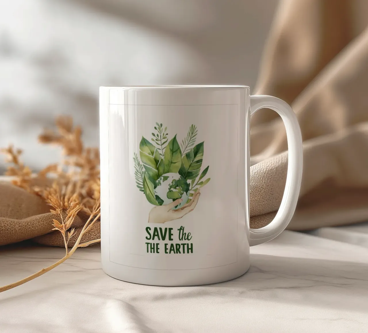 Mano acquerellata e terra con foglie Poster di sensibilizzazione ecologica tazza in ceramica da Modern Muse