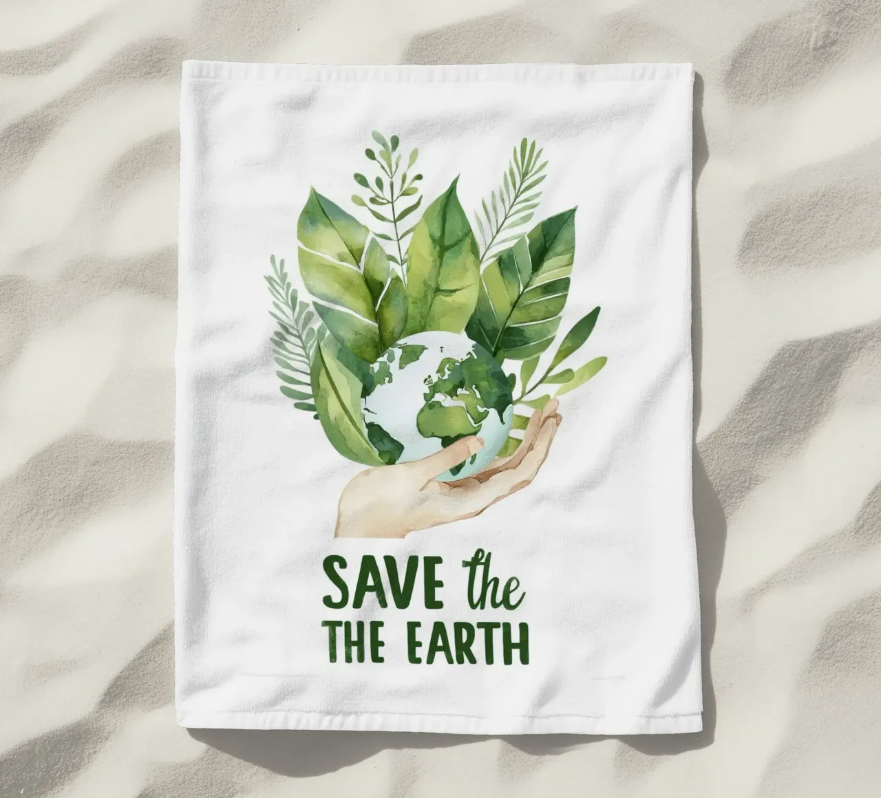Watercolor Hand and Earth with Leaves Eco Awareness Poster beach towel by Modern Muse