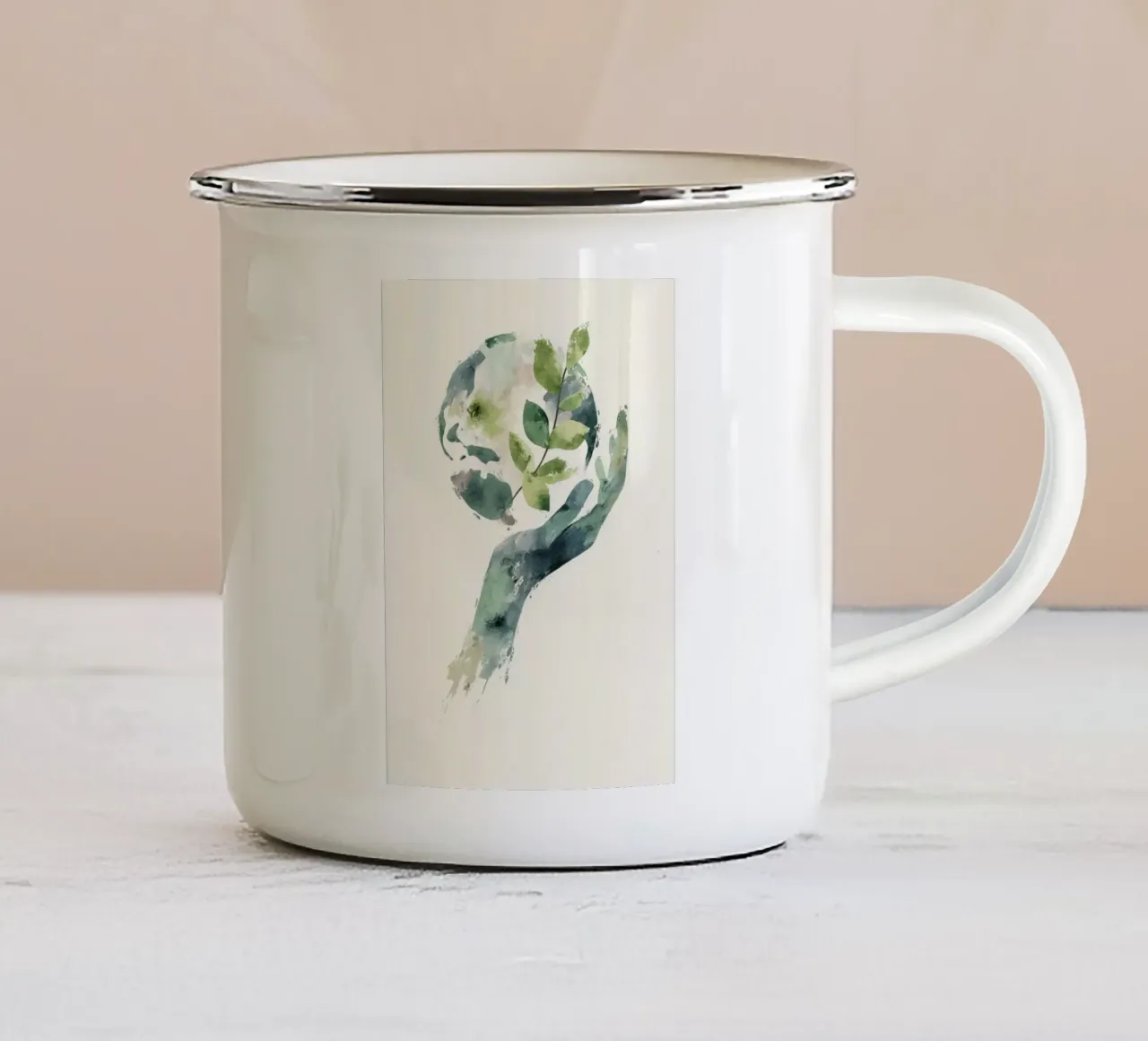 Mano acquerellata e terra con foglie Poster di sensibilizzazione ecologica tazza in smalto da Modern Muse