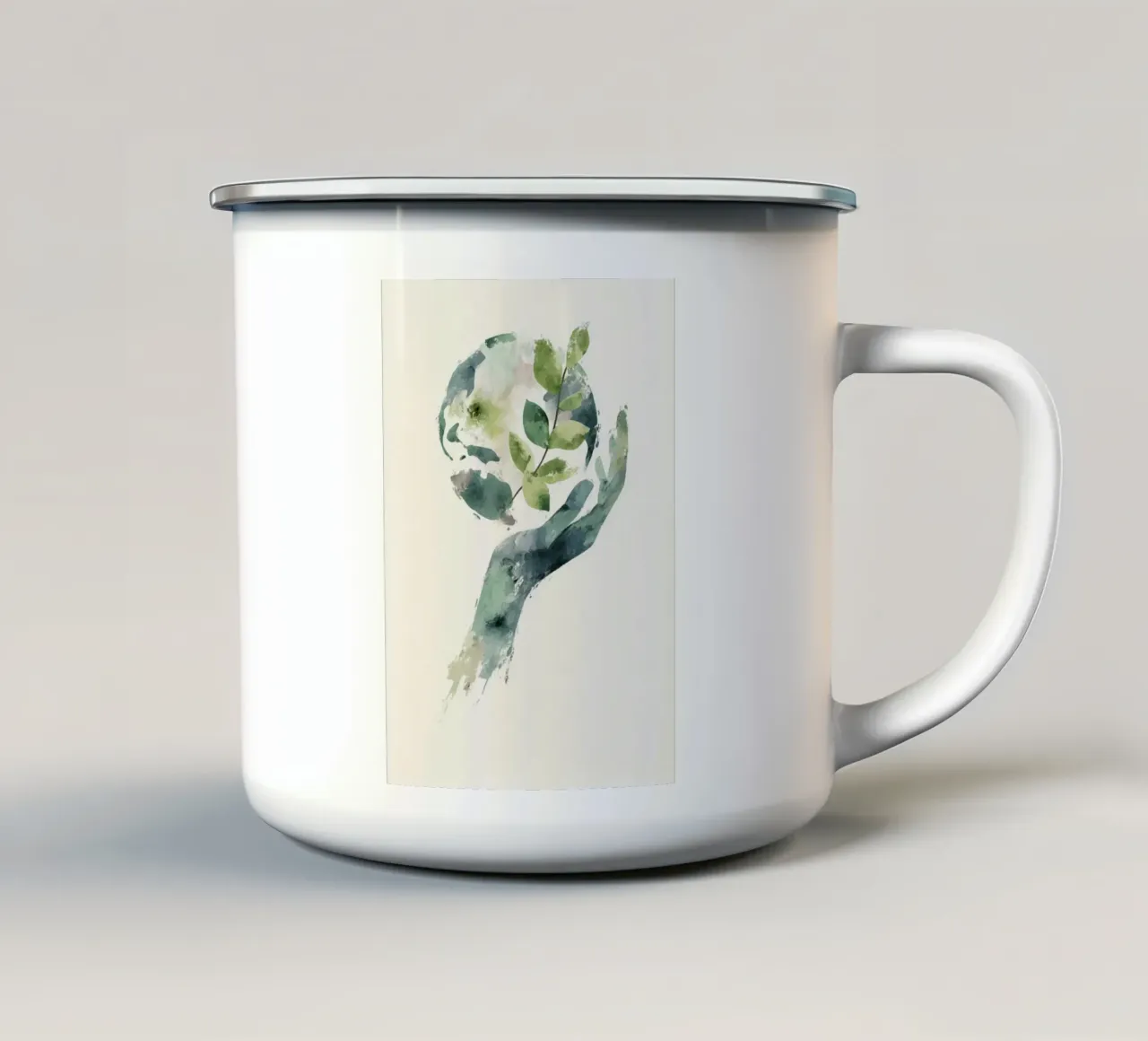 Mano acquerellata e terra con foglie Poster di sensibilizzazione ecologica tazza in smalto da Modern Muse