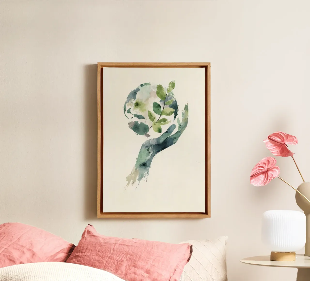Mano acquerellata e terra con foglie Poster di sensibilizzazione ecologica tela con Cornice a cassetta da Modern Muse