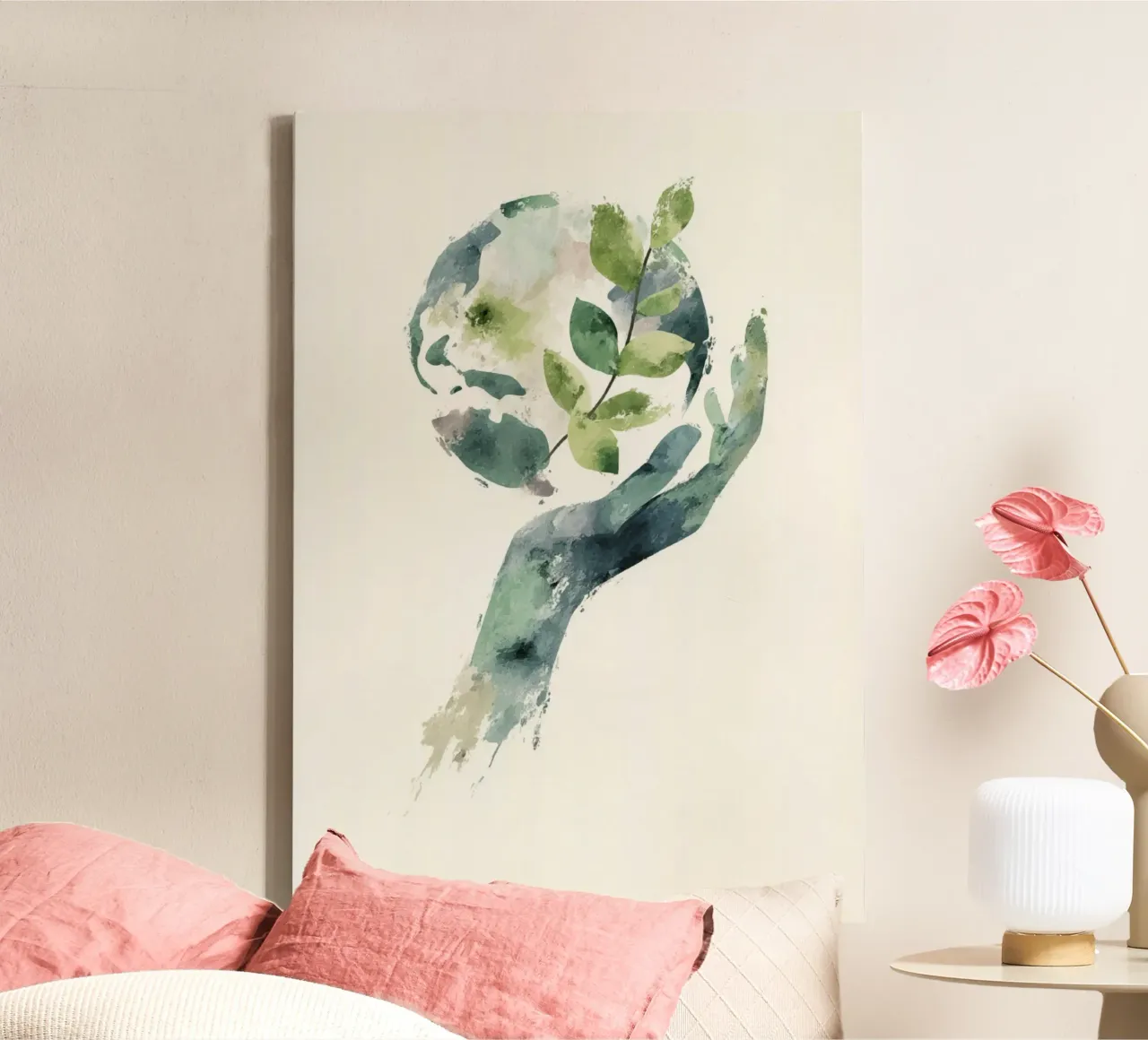 Mano acquerellata e terra con foglie Poster di sensibilizzazione ecologica tela con Cornice a cassetta da Modern Muse