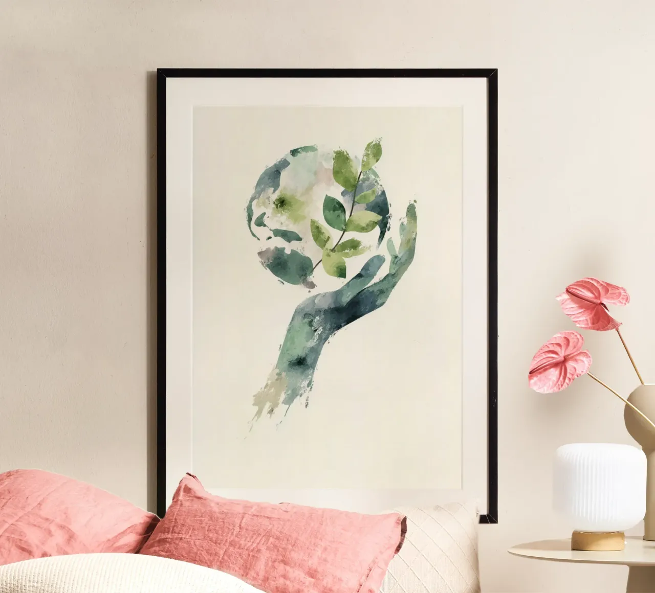 Mano acquerellata e terra con foglie Poster di sensibilizzazione ecologica poster con telaio in plastica da Modern Muse