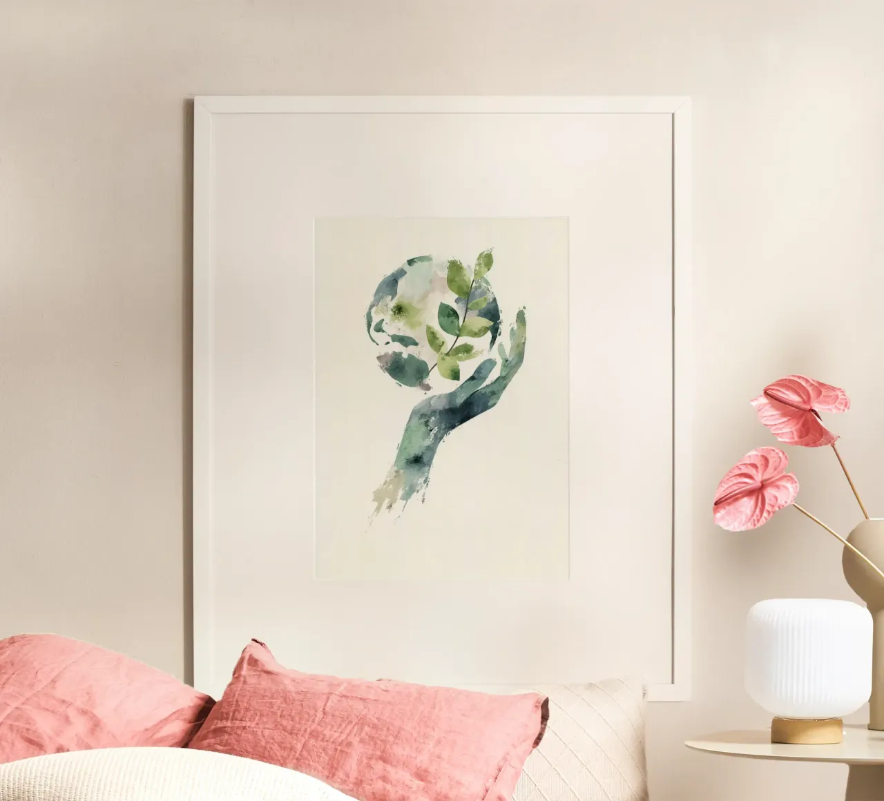 Mano acquerellata e terra con foglie Poster di sensibilizzazione ecologica poster con telaio in plastica da Modern Muse