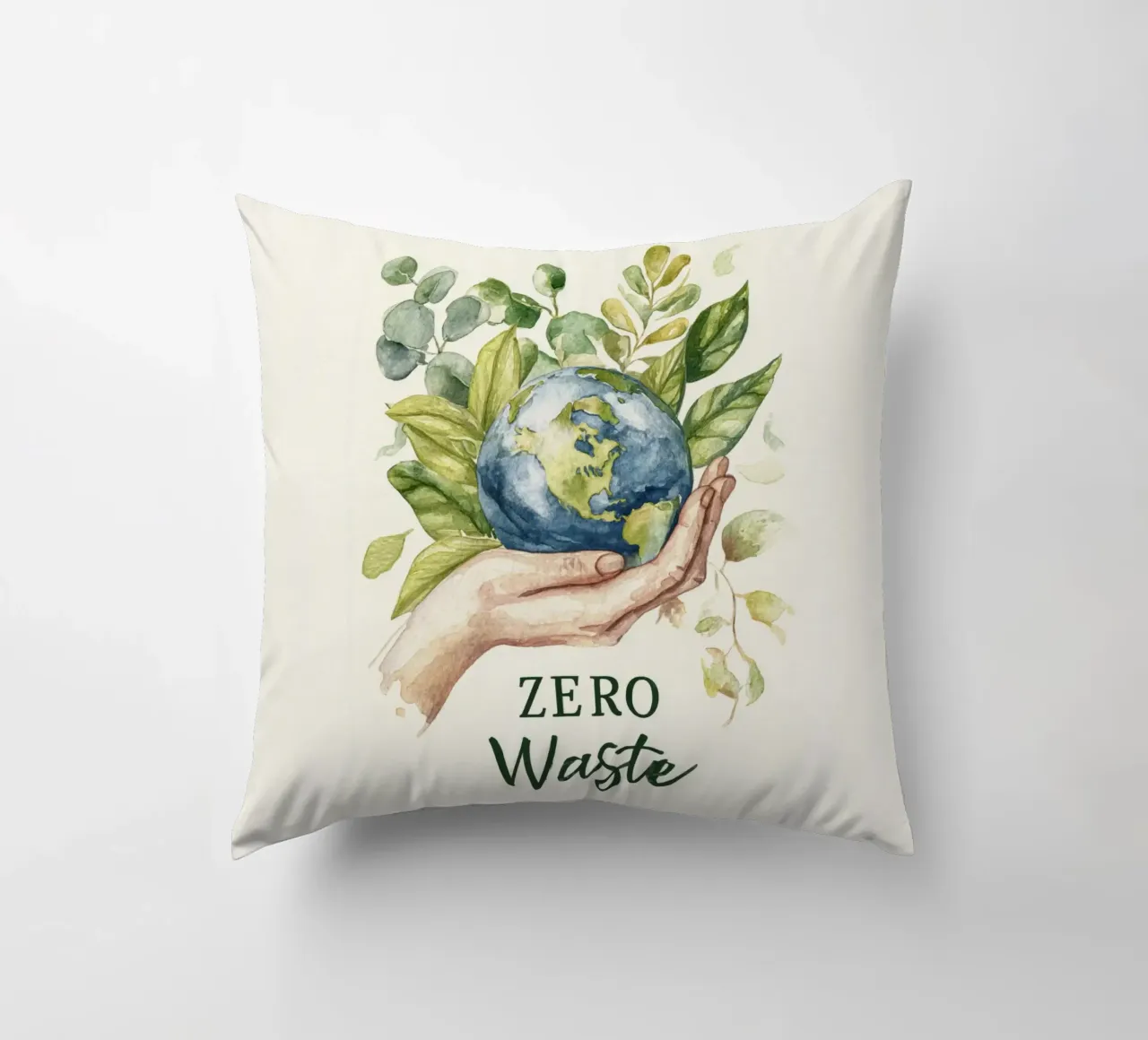 Mano acquerellata e foglie di terra Consapevolezza ecologica Rifiuti zero cuscino da Modern Muse