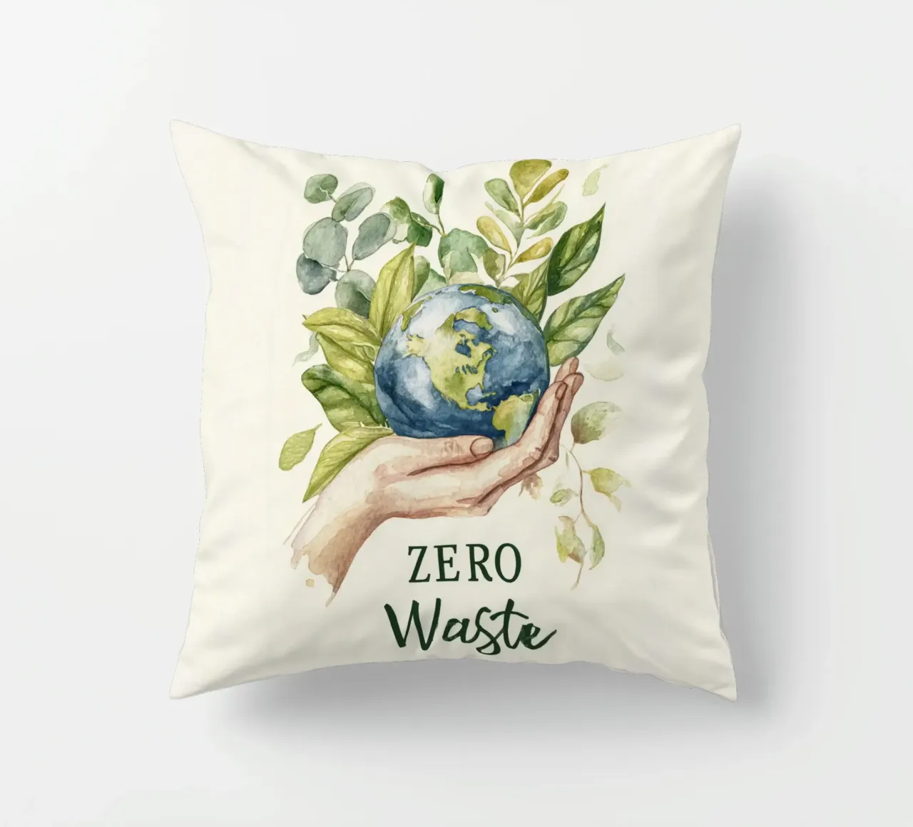 Mano acquerellata e foglie di terra Consapevolezza ecologica Rifiuti zero cuscino da Modern Muse