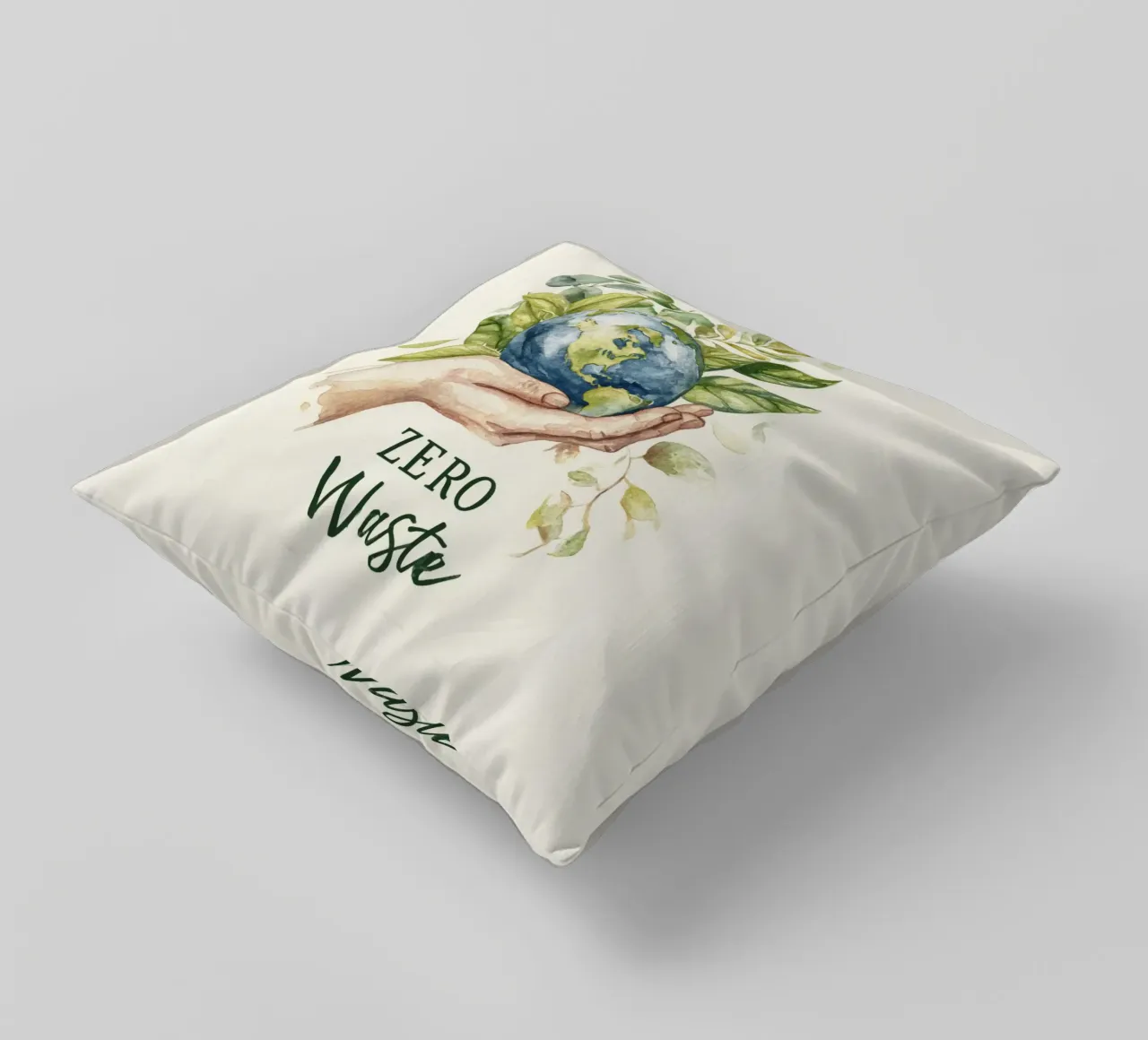 Mano acquerellata e foglie di terra Consapevolezza ecologica Rifiuti zero cuscino da Modern Muse