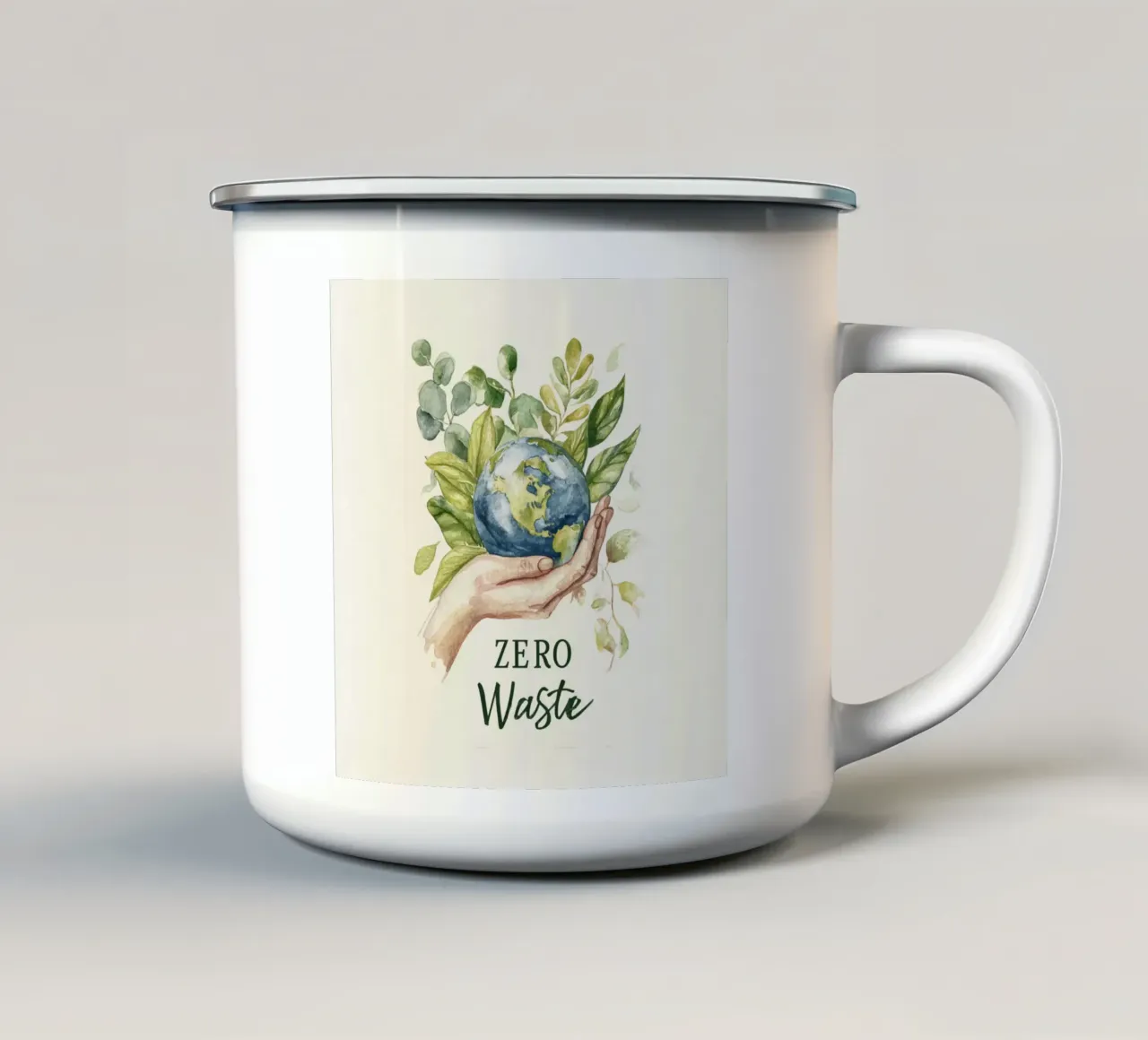 Mano acquerellata e foglie di terra Consapevolezza ecologica Rifiuti zero tazza in smalto da Modern Muse