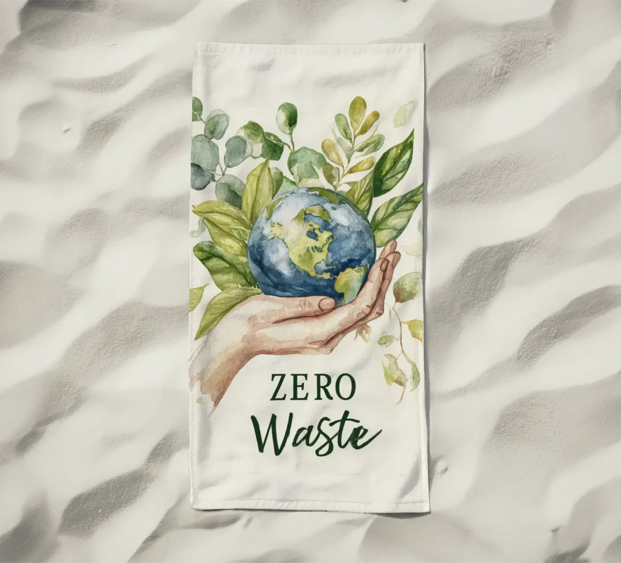 Mano acquerellata e foglie di terra Consapevolezza ecologica Rifiuti zero telo mare da Modern Muse