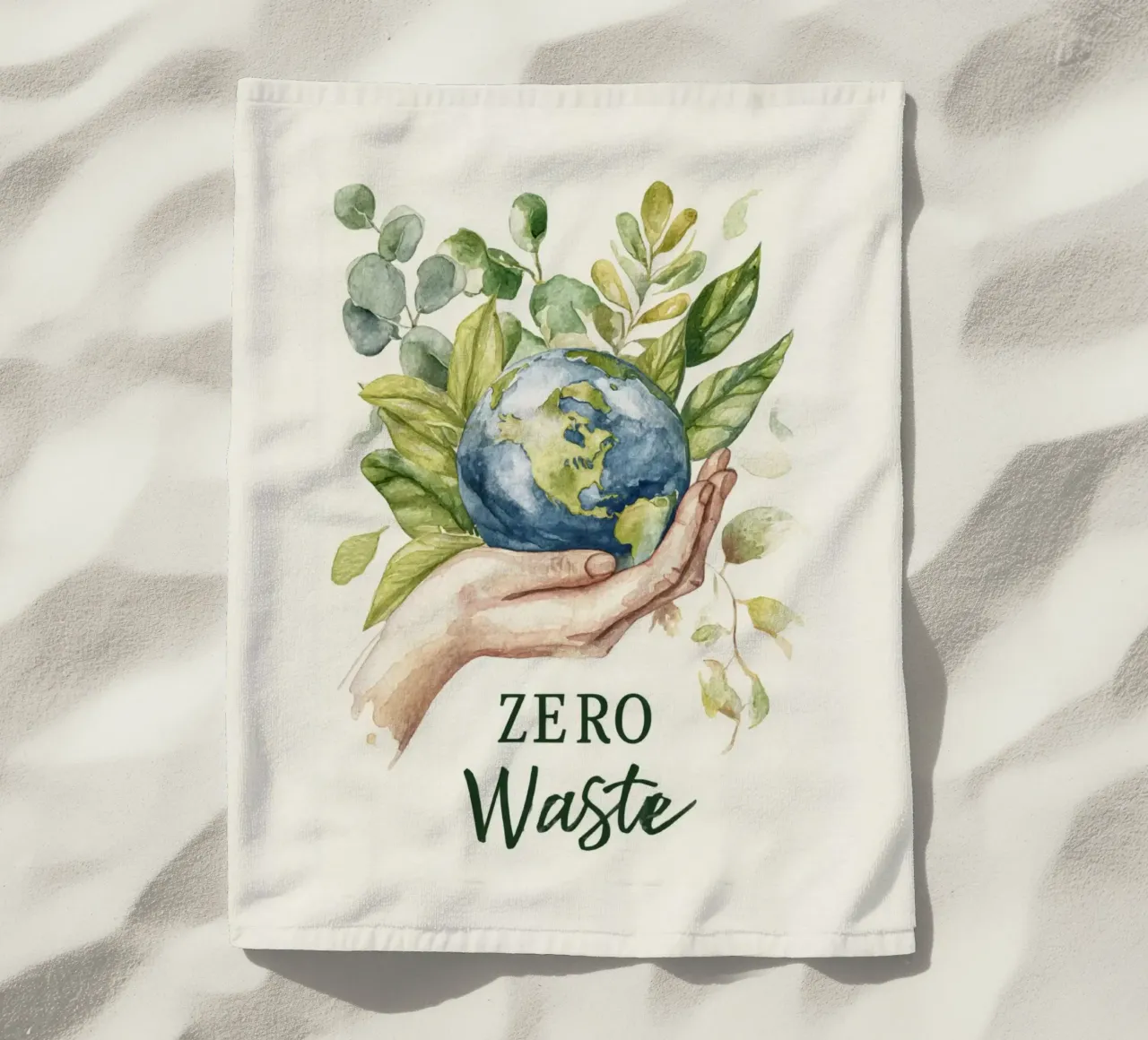 Mano acquerellata e foglie di terra Consapevolezza ecologica Rifiuti zero telo mare da Modern Muse
