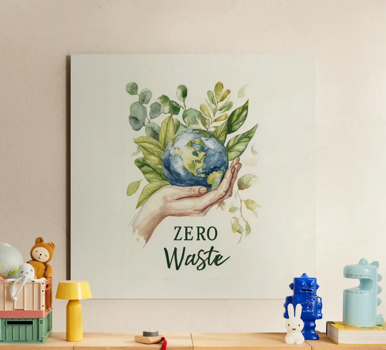 Mano acquerellata e foglie di terra Consapevolezza ecologica Rifiuti zero alluminio dibond da Modern Muse