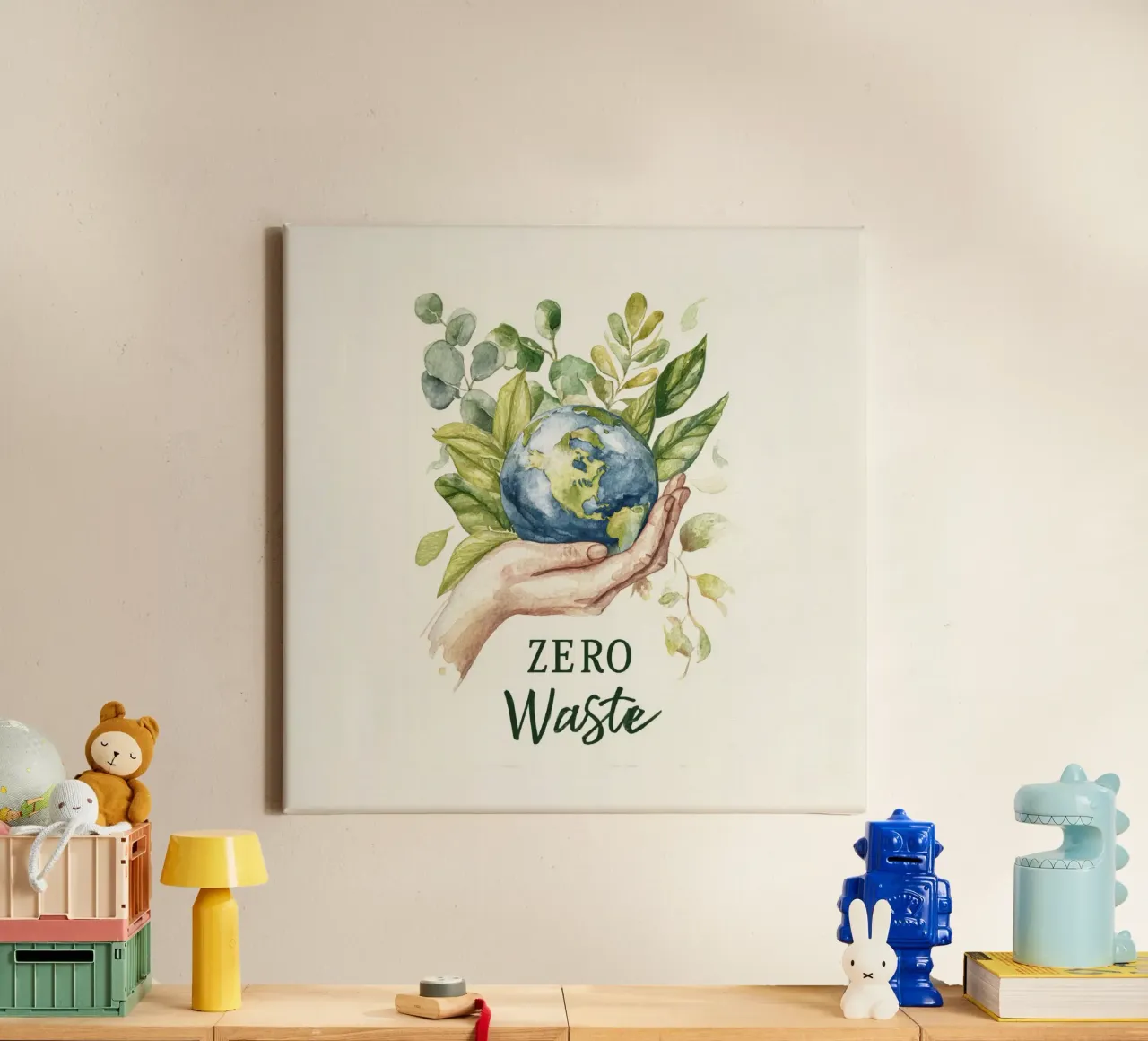 Mano acquerellata e foglie di terra Consapevolezza ecologica Rifiuti zero tela con Cornice a cassetta da Modern Muse
