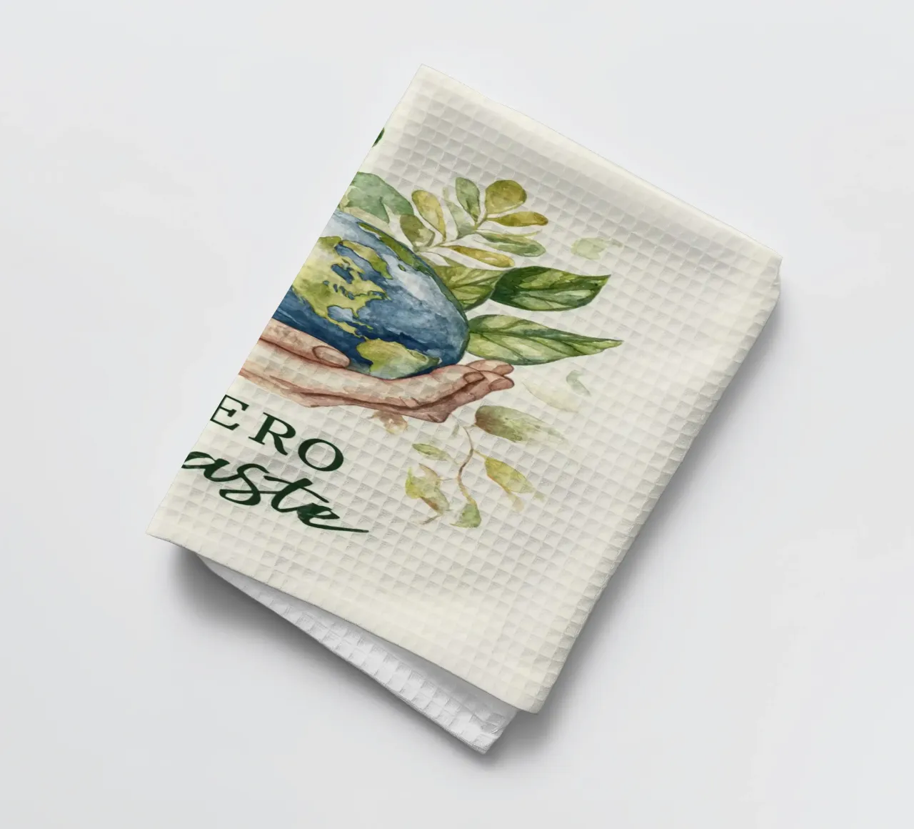 Mano acquerellata e foglie di terra Consapevolezza ecologica Rifiuti zero canovaccio da cucina da Modern Muse