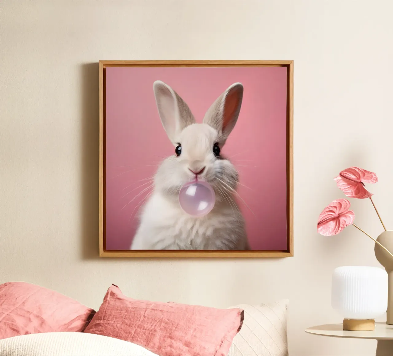 Bubblegum Bunny - Speelse Pastel Pop Art Print van dieren canvas van FlexiDesignsByK