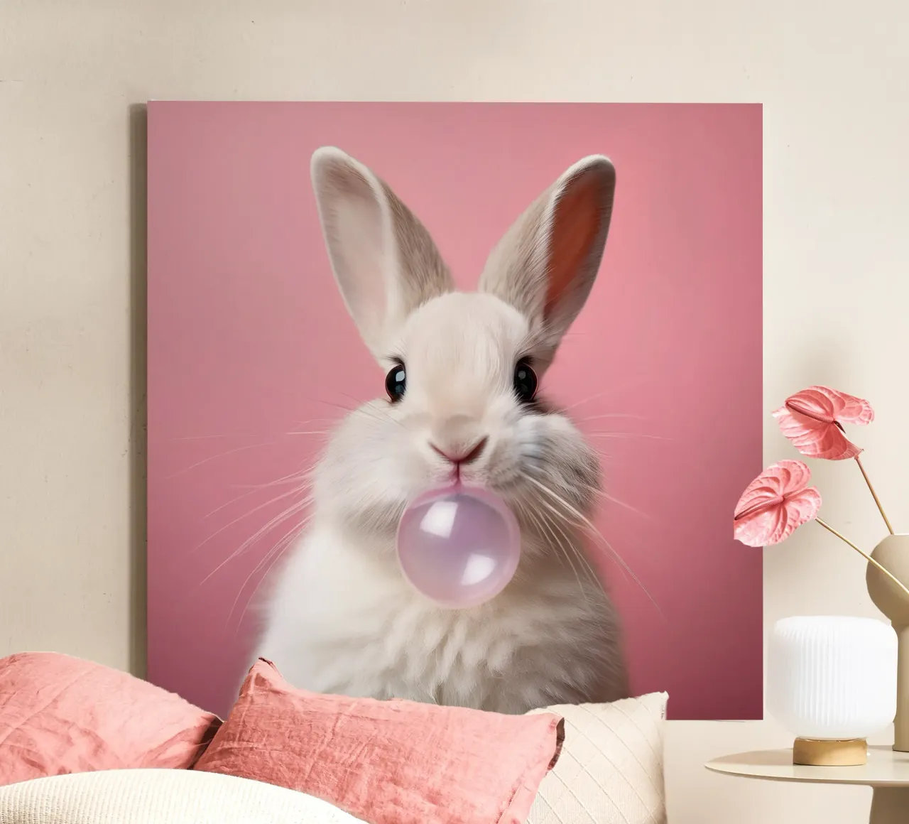 Bubblegum Bunny - Speelse Pastel Pop Art Print van dieren canvas van FlexiDesignsByK