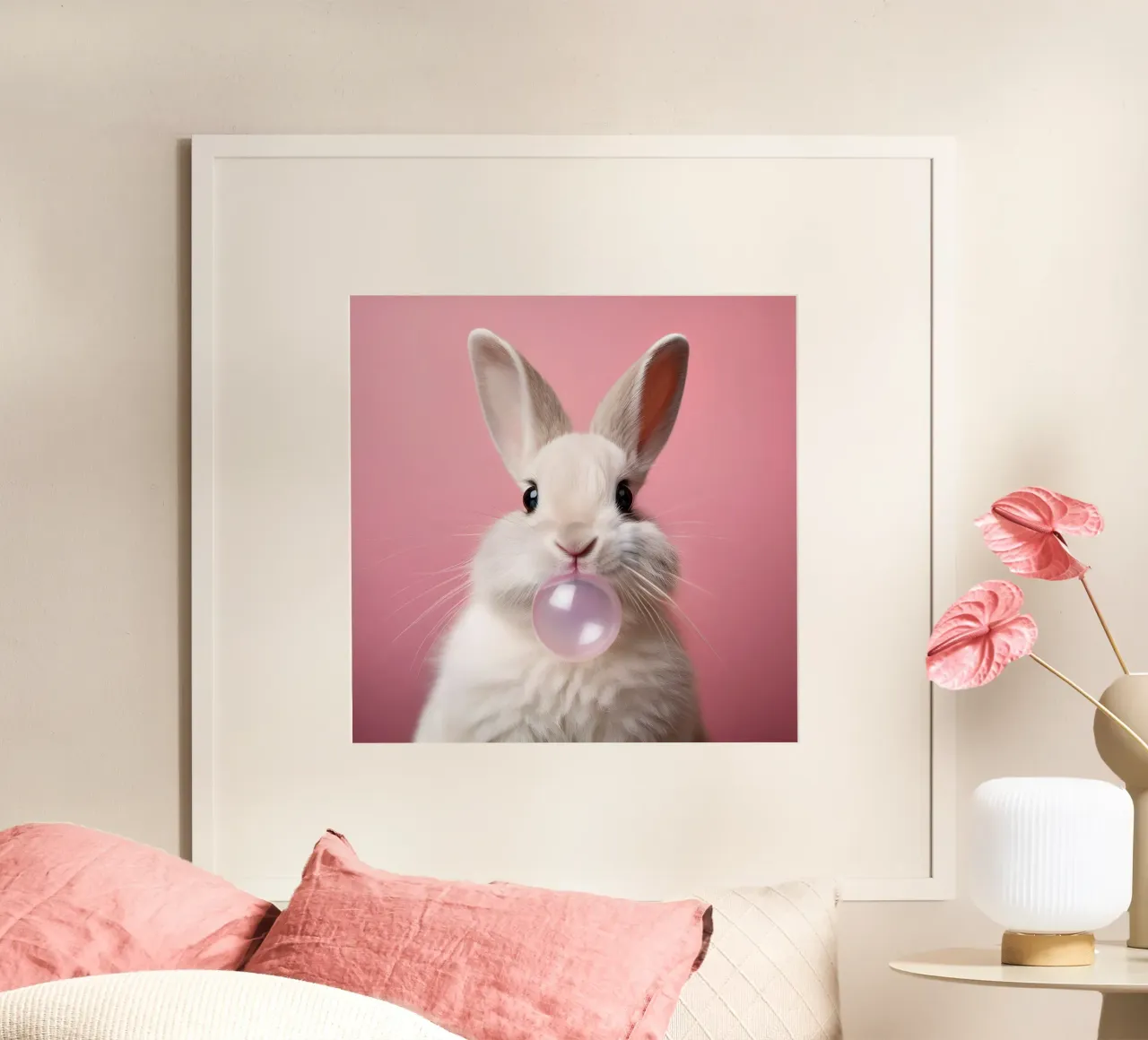 Bubblegum Bunny – Playful Pastel Animal Pop Art Print hahnemühle by FlexiDesignsByK