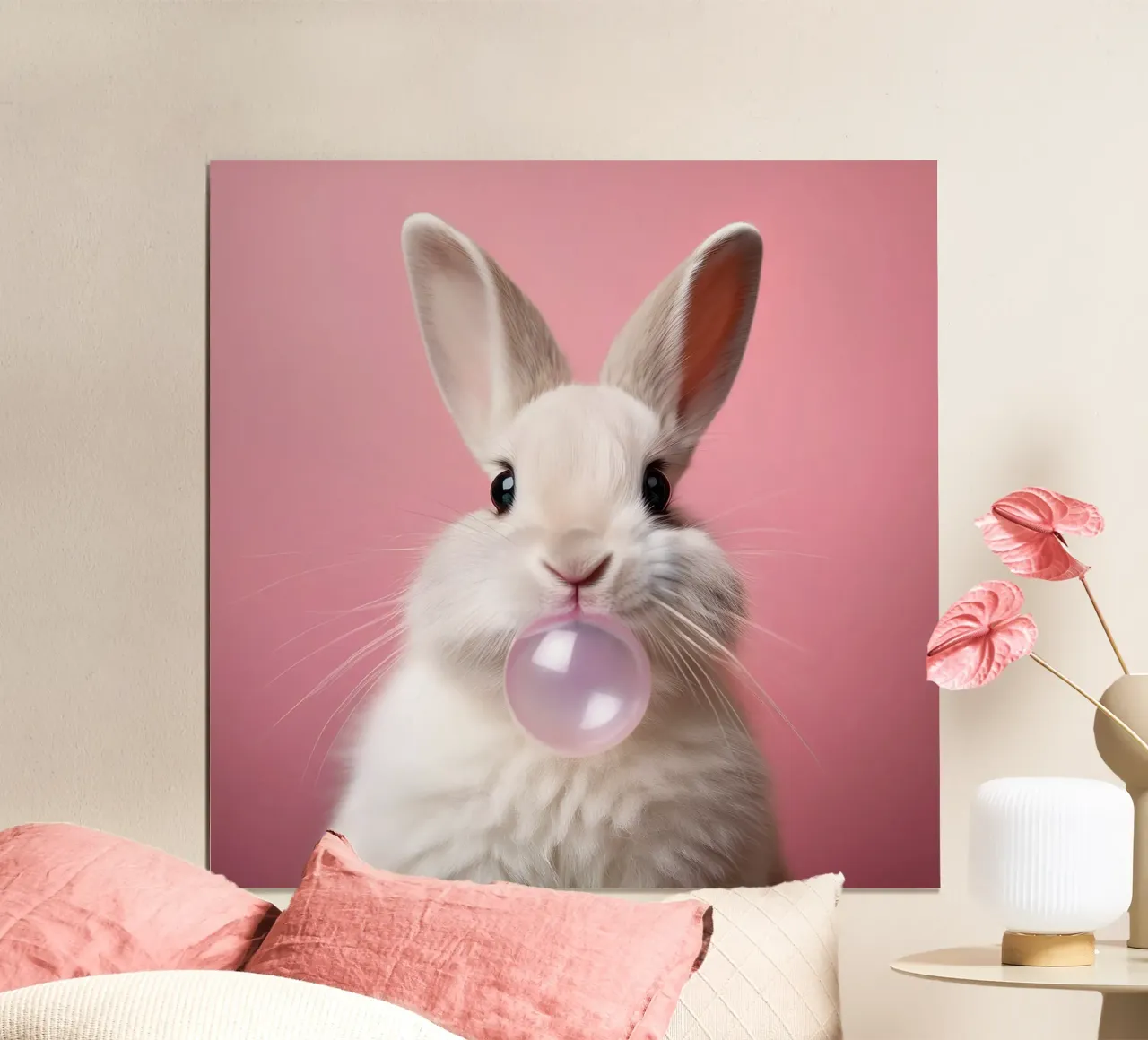 Bubblegum Bunny – Playful Pastel Animal Pop Art Print hahnemühle by FlexiDesignsByK