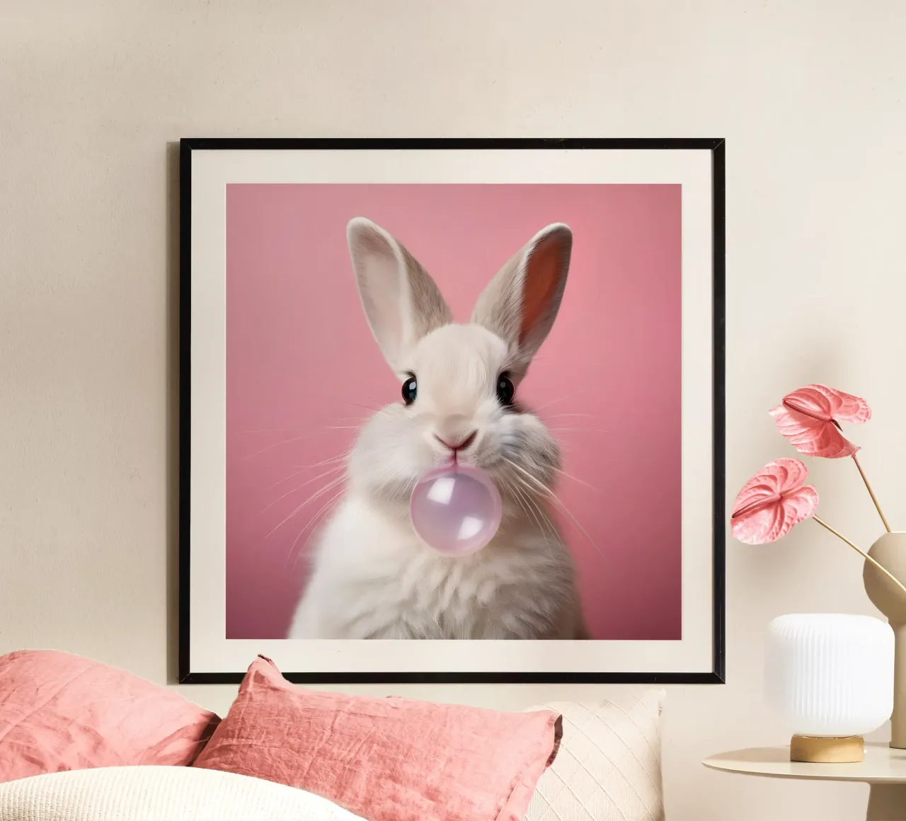 Bubblegum Bunny – Playful Pastel Animal Pop Art Print hahnemühle by FlexiDesignsByK