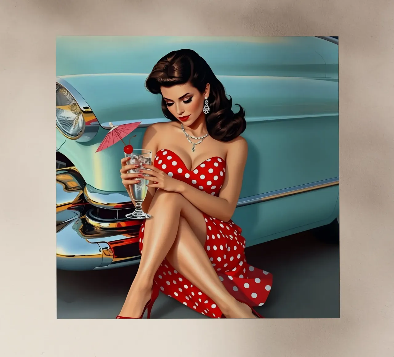 Ragazza degli anni '50 con Cadillac pellicola backlit da Anita's Dream
