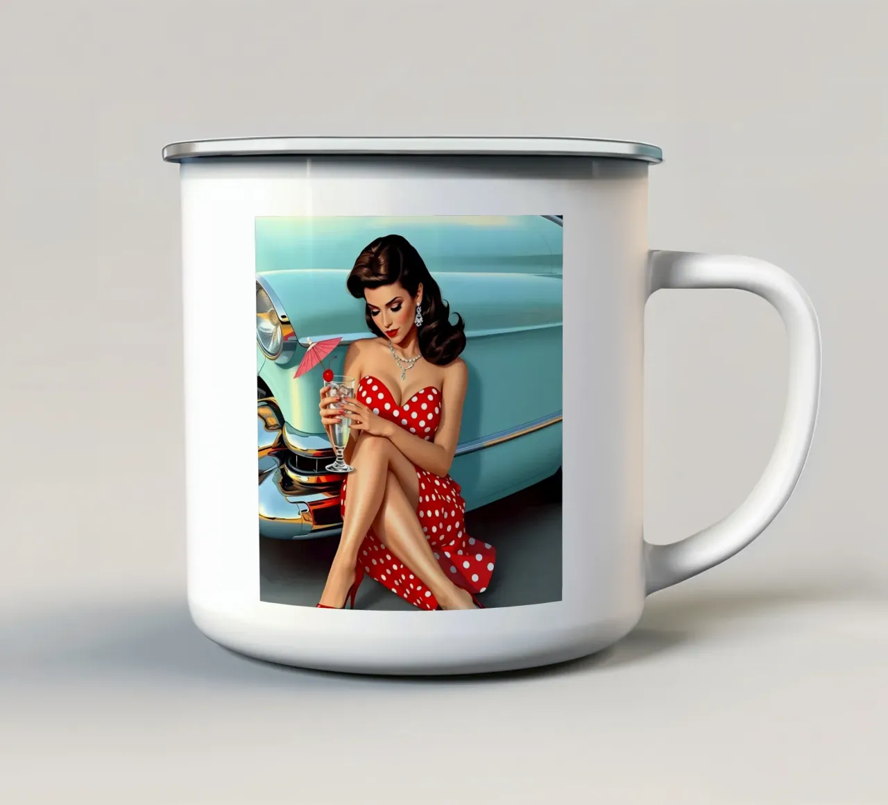 1950ies Gal with Cadillac enamel mug by Anita's Dream