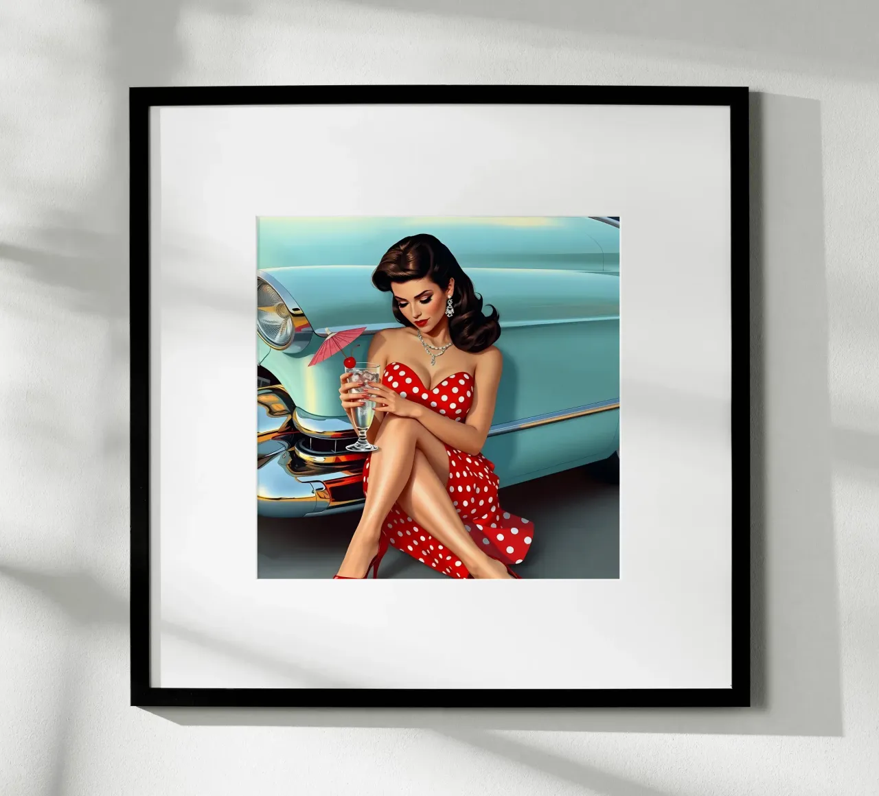 Ragazza degli anni '50 con Cadillac poster con telaio in plastica da Anita's Dream
